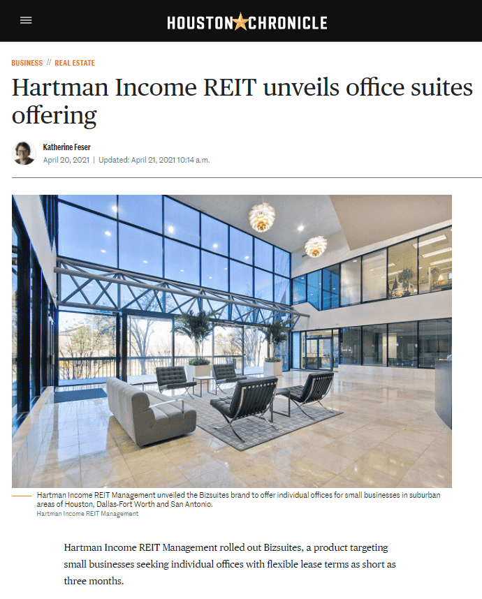 Hartman Income REIT unveils office suites offering