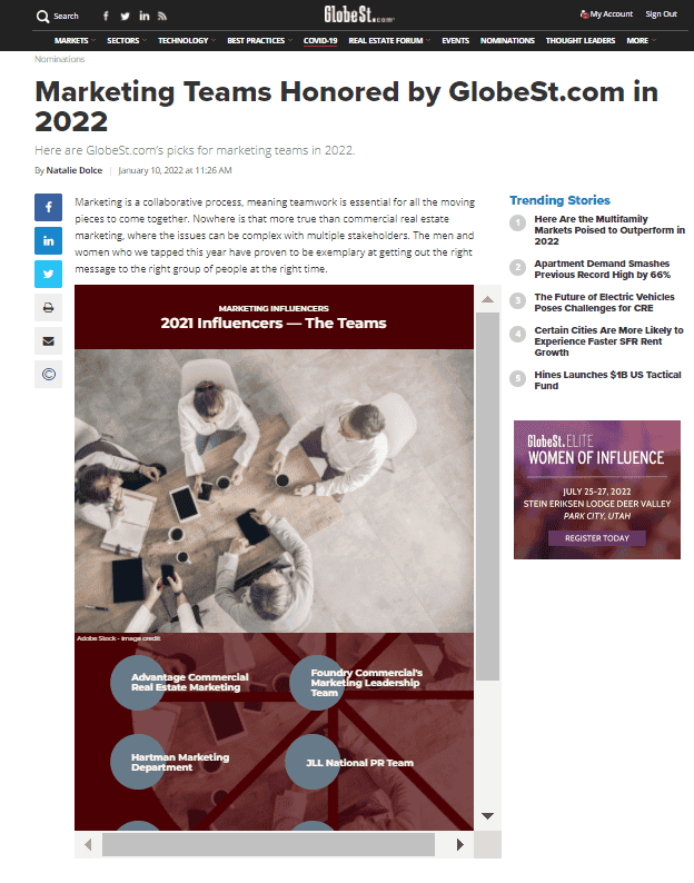 Hartman Marketing Department Named the Top Team for 2022 Influencers in CRE Marketing and Communications