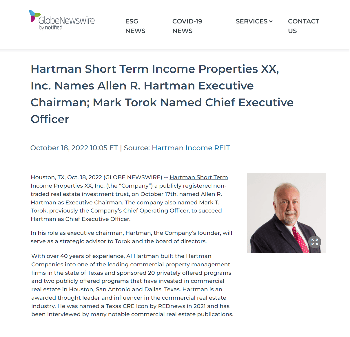 Hartman Short Term Income Properties XX, Inc. Names Mark Torok Chief Executive Officer