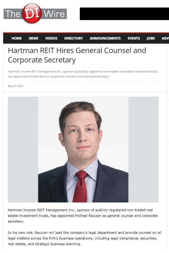 Hartman REIT Hires General Counsel and Corporate Secretary
