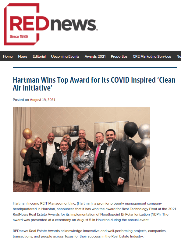 Hartman Wins Best Technology Pivot at the 2021 RedNews Real Estate Awards