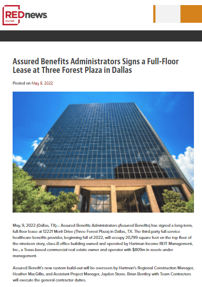 Assured Benefits Administrators Signs a Full-Floor Lease at Three Forest Plaza in Dallas