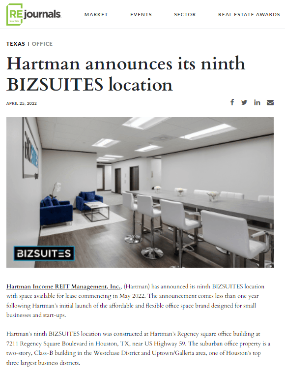 Hartman announces its ninth BIZSUITES location