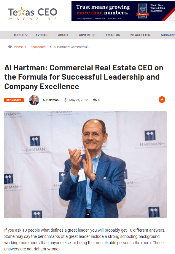 Al Hartman: Commercial Real Estate CEO on the Formula for Successful Leadership and Company Excellence
