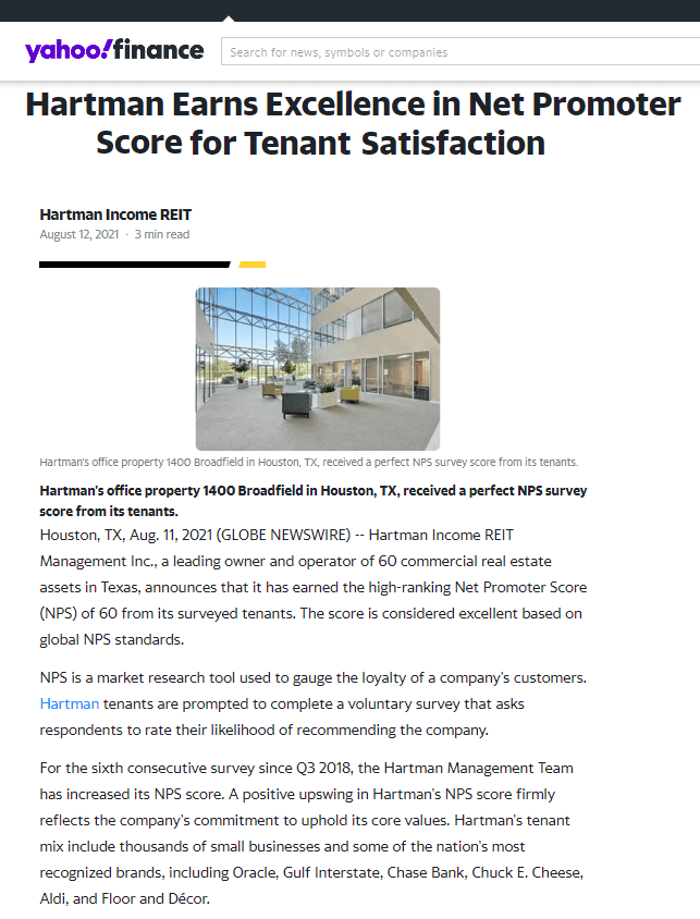 Hartman Earns High-Ranking Net Promoter Score from Tenants