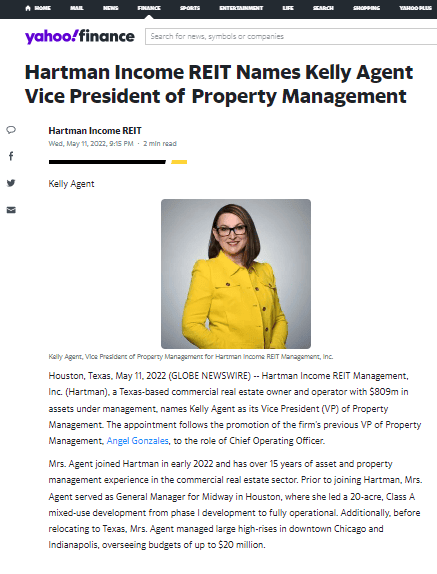 Hartman Income REIT Names Kelly Agent Vice President of Property Management