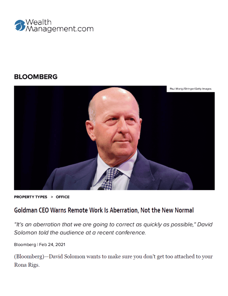 Goldman CEO Warns Remote Work Is Aberration, Not the New Normal